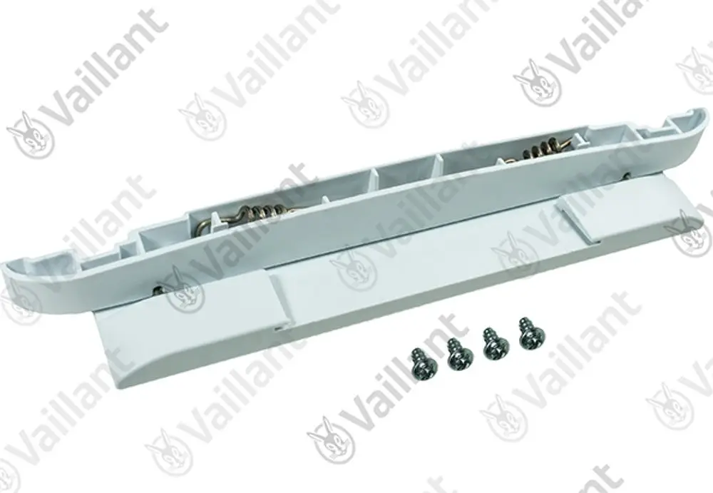 Vaillant Produktteil in hellgrauer Farbe, bestehend aus einem Scharnier mit Federmechanismus und vier Schrauben, geeignet für spezifische Heizgeräte.